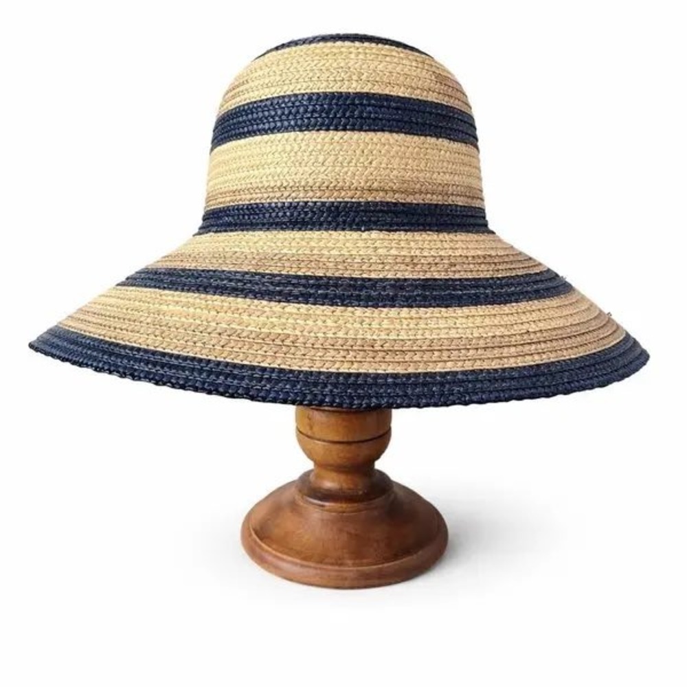 Kallina Sun Hat Navy Blue Striped Straw UPF 50+ Wide Brim Beachwear Resort